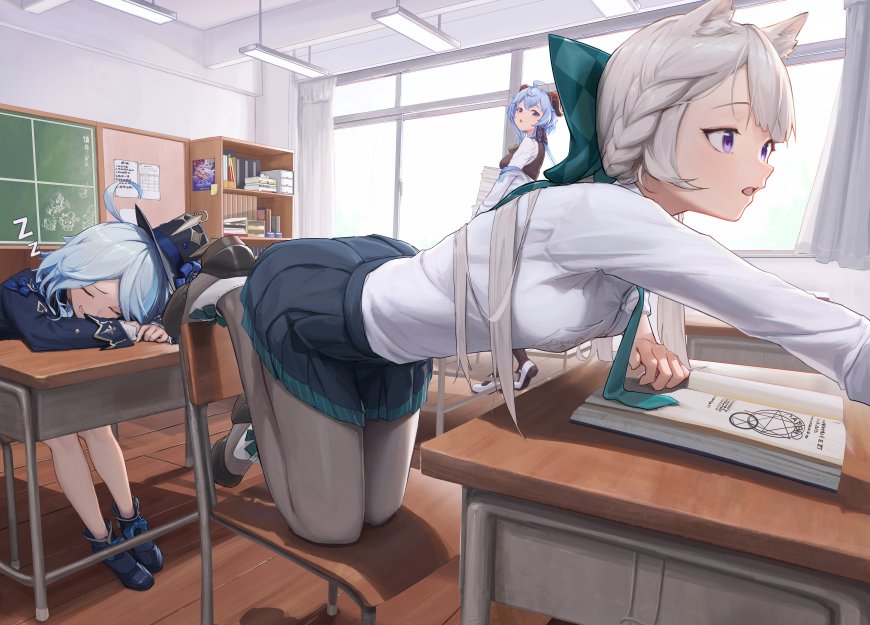 原神琳妮特教室趴桌看书动漫少女电脑壁纸
