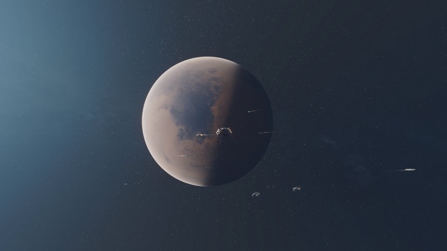 火星表面飞船环绕暗蓝太空科幻电脑壁纸