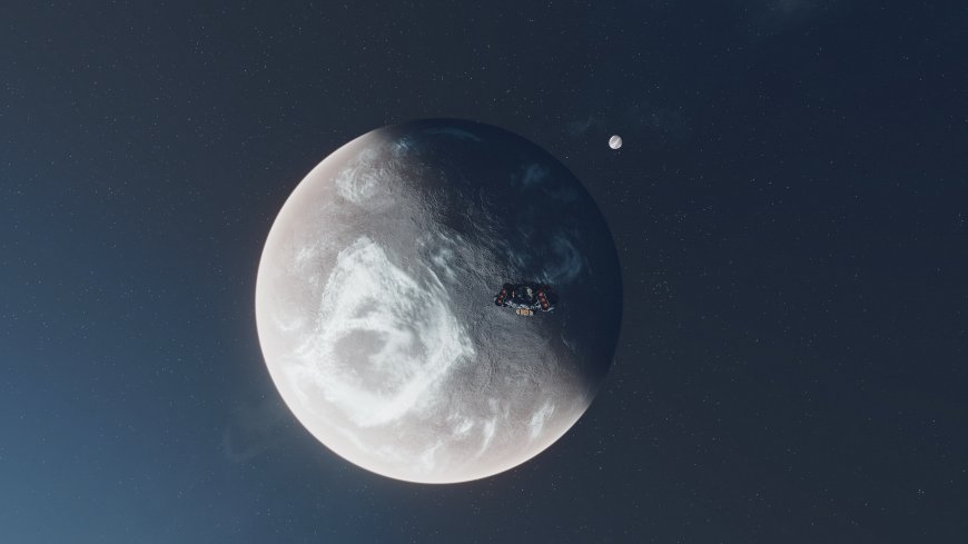 星舰环绕冰蓝星球暗蓝太空科幻电脑壁纸