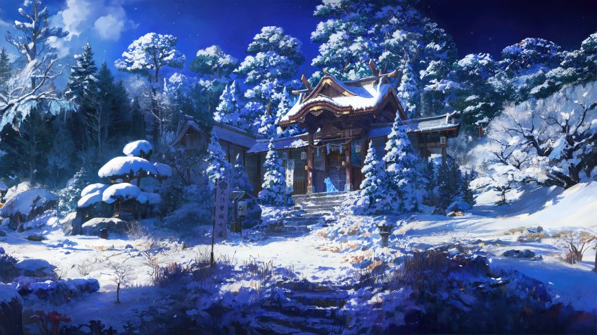 雪夜神社松林覆雪蓝紫二次元动漫电脑壁纸