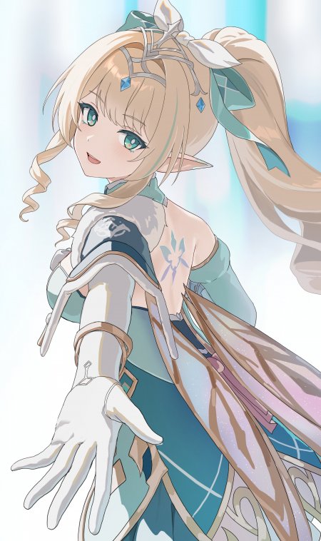 《原神》维斯娜精灵少女伸展手掌蓝绿渐变动漫手机壁纸