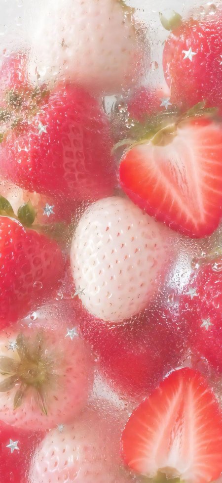 草莓切片水珠闪烁粉红美食甜品手机壁纸