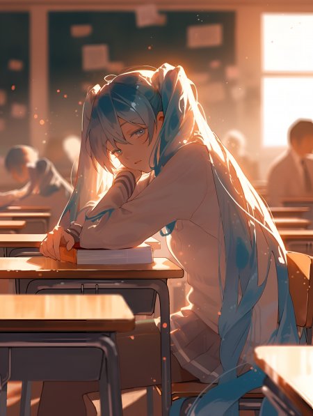 初音未来教室午光蓝发少女暖橙动漫手机壁纸