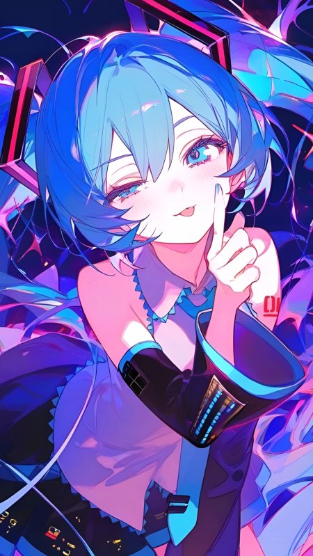 初音未来蓝发wink手指轻触粉紫动漫手机