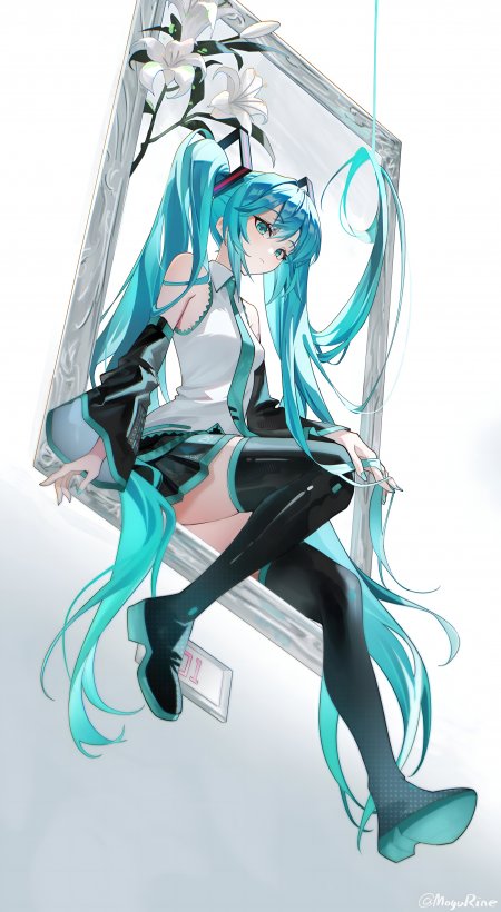 初音未来蓝发双马尾白裙青黑配色动漫手机壁