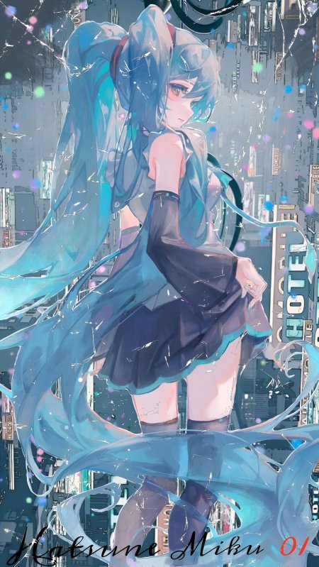 初音未来蓝发双马尾都市霓虹动漫手机壁纸