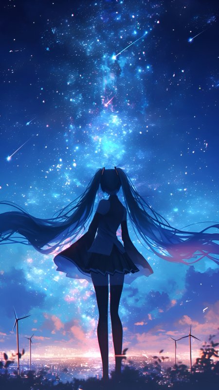 初音未来双马尾仰望星河蓝紫动漫手机壁纸
