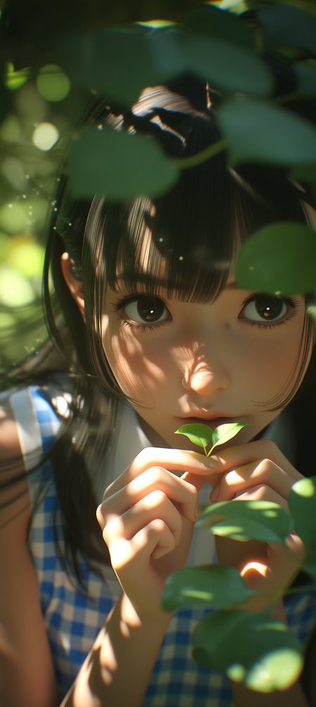 动漫少女绿叶遮面蓝白格裙清新唯美手机壁纸