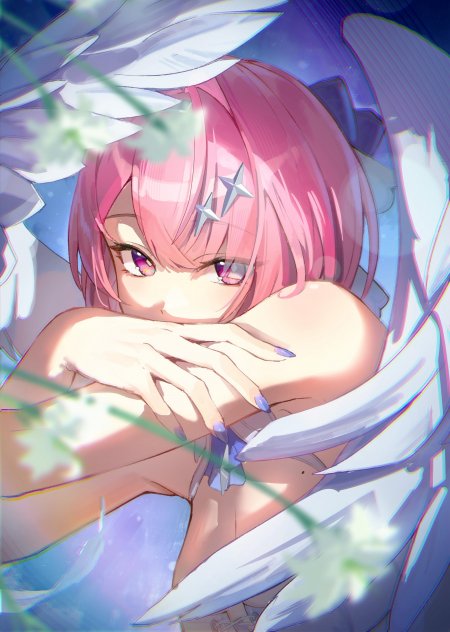 粉色短发少女星饰紫瞳蓝白动漫手机壁纸
