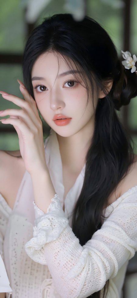 黑发少女白花点缀柔美清新人物摄影手机壁纸