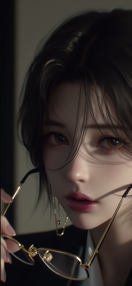 黑发少女持金边眼镜柔光动漫摄影手机壁纸