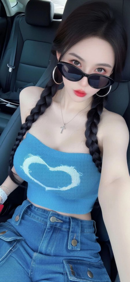 美女双麻花辫墨镜蓝衣牛仔裤蓝调人物摄影手