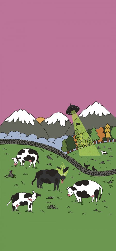 奶牛牧场UFO光束紫绿创意插画手机壁纸