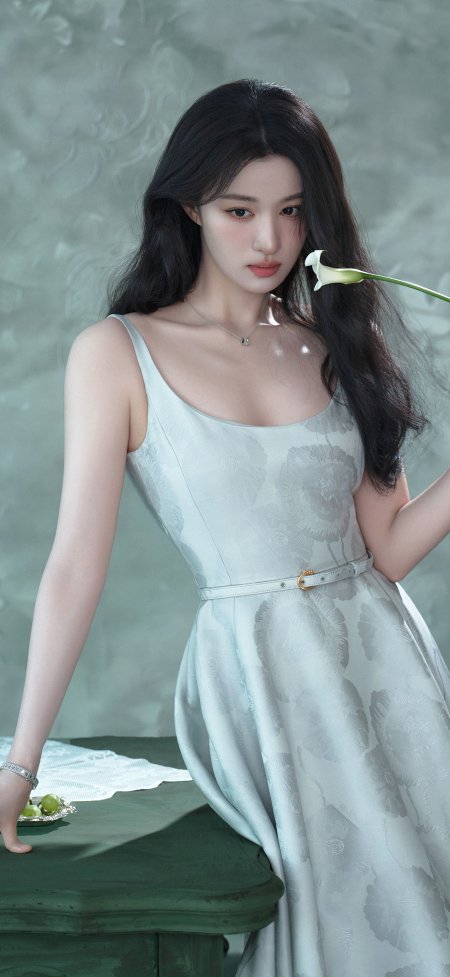 王楚然黑发少女持白花浅灰绿调人物摄影手机壁纸