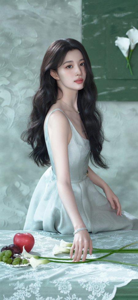 王楚然长发美女浅蓝吊带裙青绿背景人物摄影手机壁