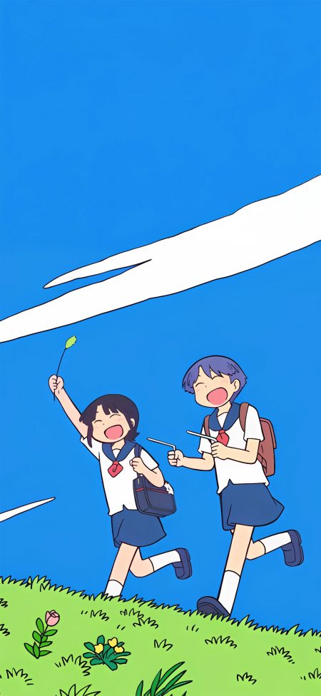 校园少女奔跑欢笑蓝绿动漫手机壁纸