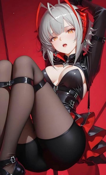 银发红瞳少女黑皮装红背景动漫手机壁纸