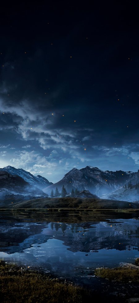 雪山湖泊萤火夜景蓝紫风景手机壁纸