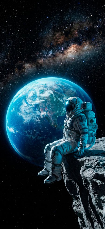 宇航员坐月球眺望地球蓝白太空科幻手机壁纸