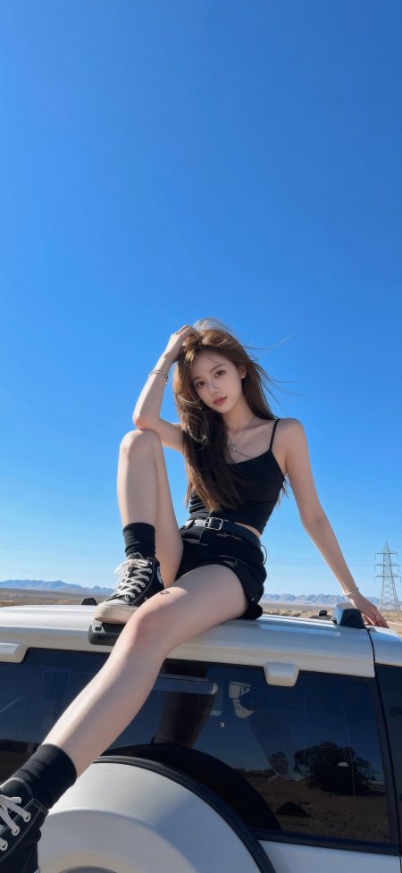 长发美女坐车顶蓝天沙漠风人物摄影手机壁纸