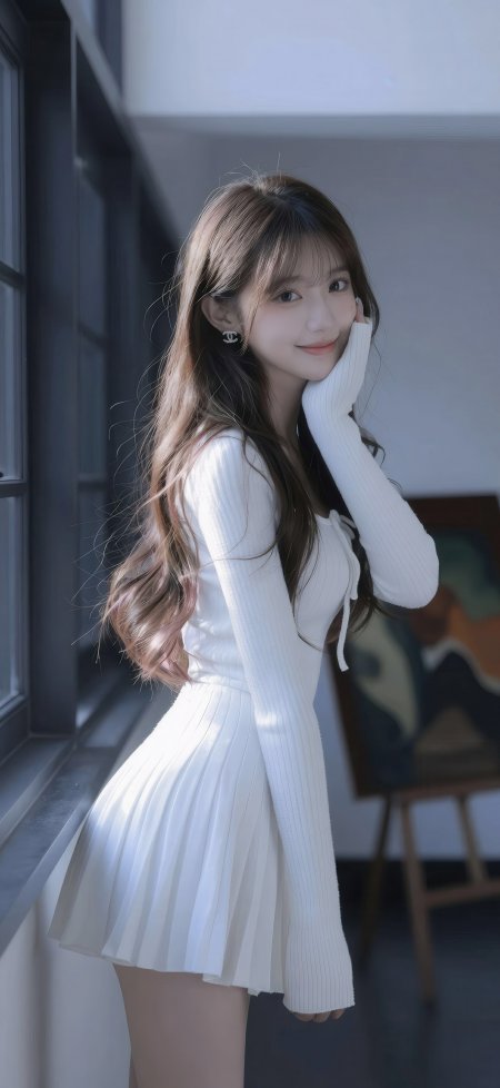长发少女白裙倚窗浅笑蓝白人物摄影手机壁纸