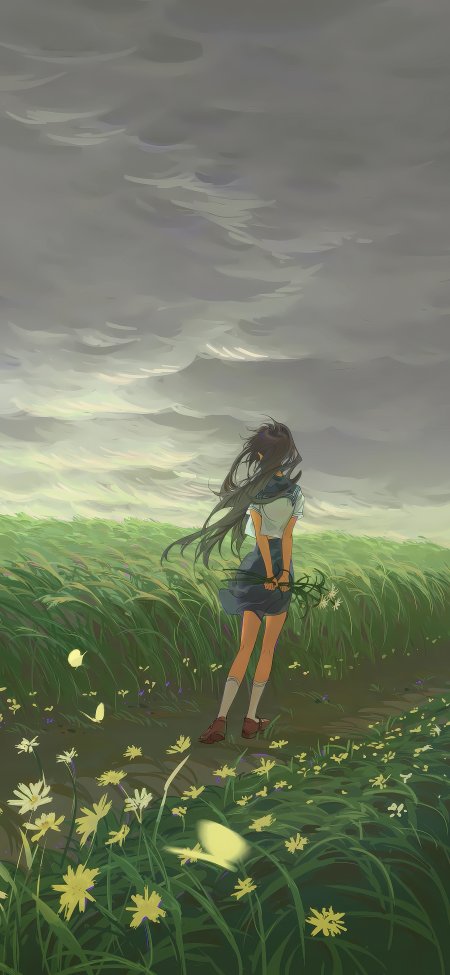 长发少女持花立于草野灰绿唯美动漫手机壁纸