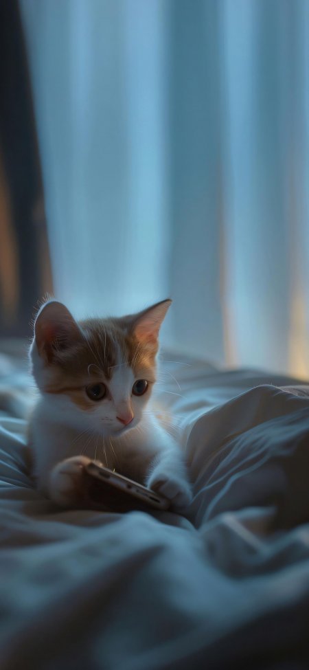 橘白小猫卧床握手机蓝调萌宠手机壁纸