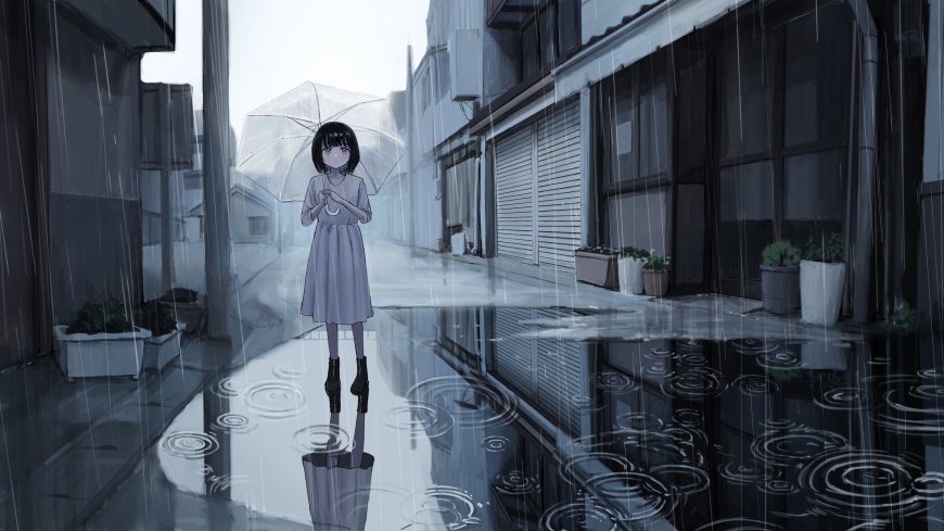雨中撑伞黑发少女灰蓝动漫电脑壁纸