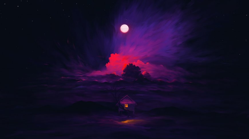 紫色星云下小屋暖光梦幻风景电脑壁纸