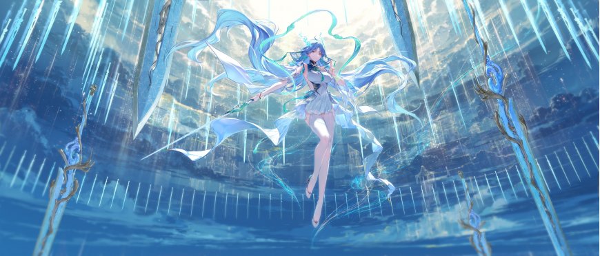 鸣潮青霄蓝发少女持剑悬浮冰晶奇幻动漫电脑壁纸