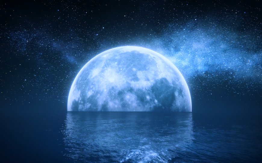 蓝色月亮海面星空静谧风景科幻电脑壁纸