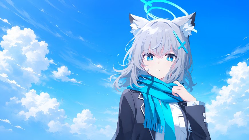 砂狼白子蔚蓝档案银发猫耳少女蓝scarf天空蓝白动漫电脑
