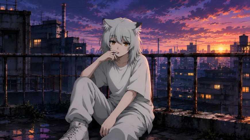 Chainsmoker Cat Yaniko 银发猫耳少女屋顶沉思紫橙动漫电脑壁纸