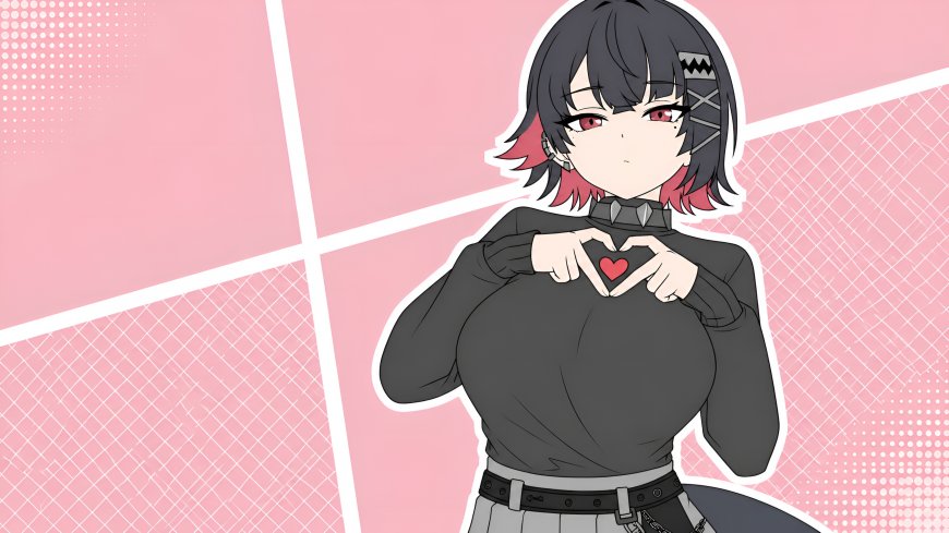 绝区零艾莲·乔黑发红瞳少女比心粉色背景动漫电脑壁纸
