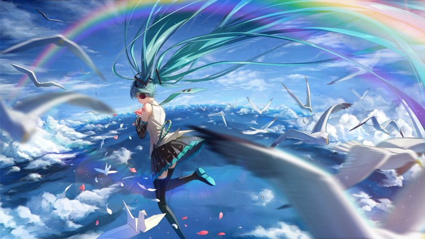 初音未来彩虹海鸥飞舞蓝白动漫电脑壁纸
