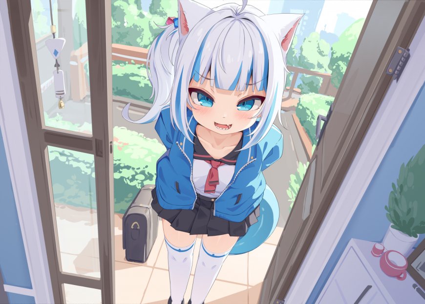 猫耳少女蓝白校服微笑清新动漫电脑壁纸