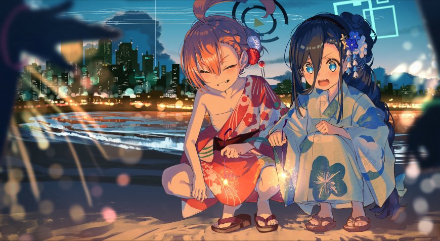 夏日祭典和服少女夜景蓝紫动漫电脑壁纸