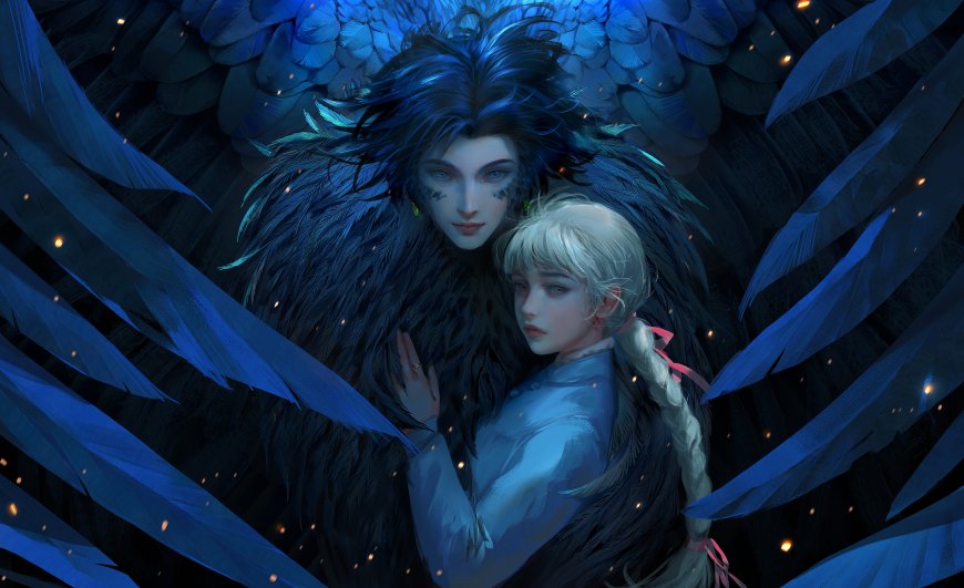 黑羽恶魔与银发少女蓝调奇幻动漫电脑壁纸