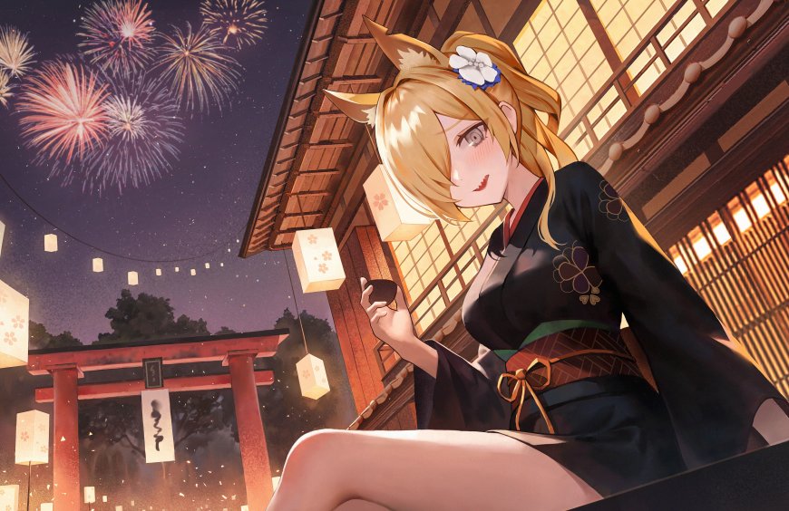 狐耳少女和风神社烟花夜景粉紫动漫电脑壁纸