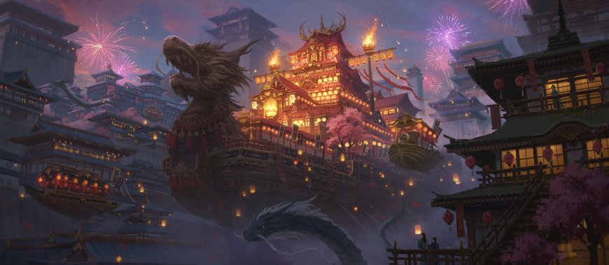东方古风龙舟夜宴烟花璀璨奇幻电脑壁纸