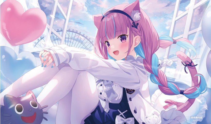 粉发猫耳少女伸展姿态粉蓝动漫电脑壁纸