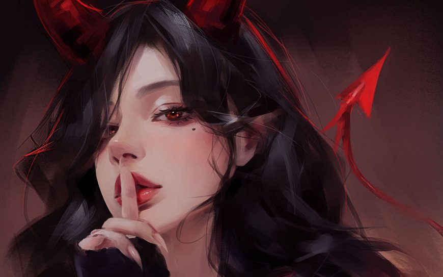 黑发红角少女指尖轻唇暗红动漫电脑壁纸