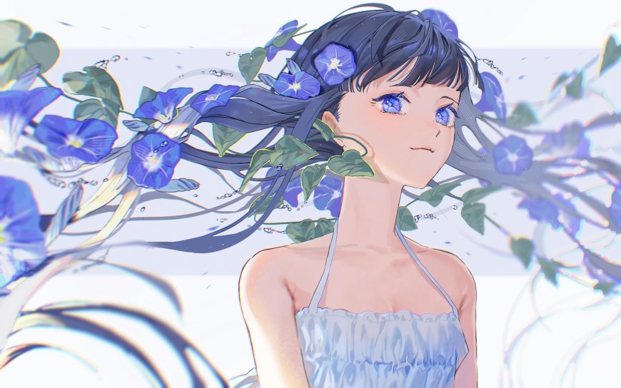 蓝花少女长发飘逸蓝紫动漫电脑壁纸