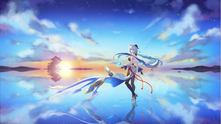 原神甘雨蓝发飘带夕阳湖面动漫电脑壁纸