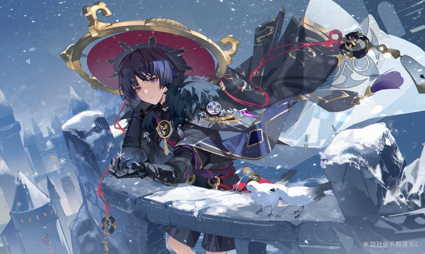 原神散兵雪中持伞紫黑服饰动漫电脑壁纸