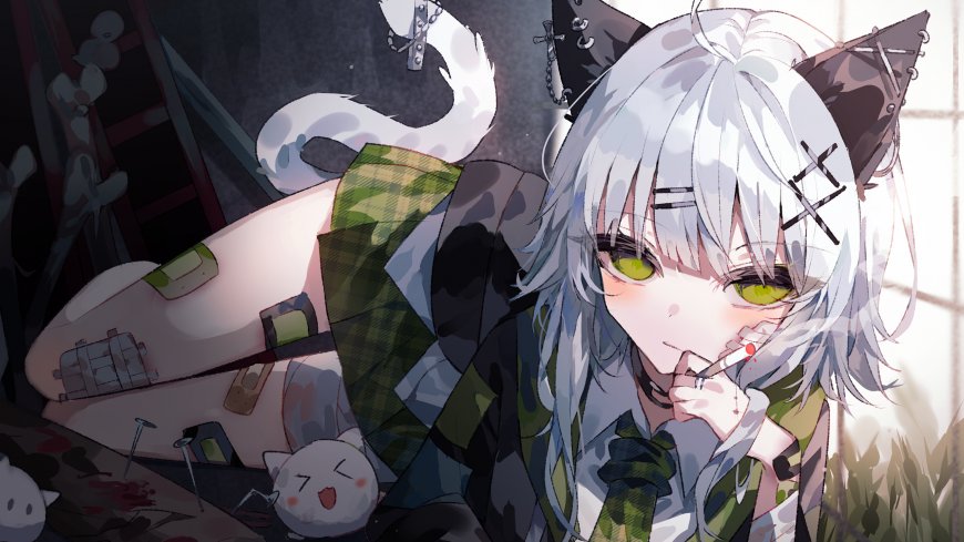 银发猫耳少女叼烟绿瞳暗黑动漫电脑壁纸