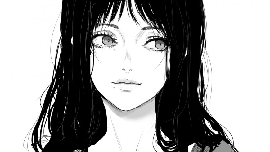 黑发少女眼神清澈黑白动漫电脑壁纸