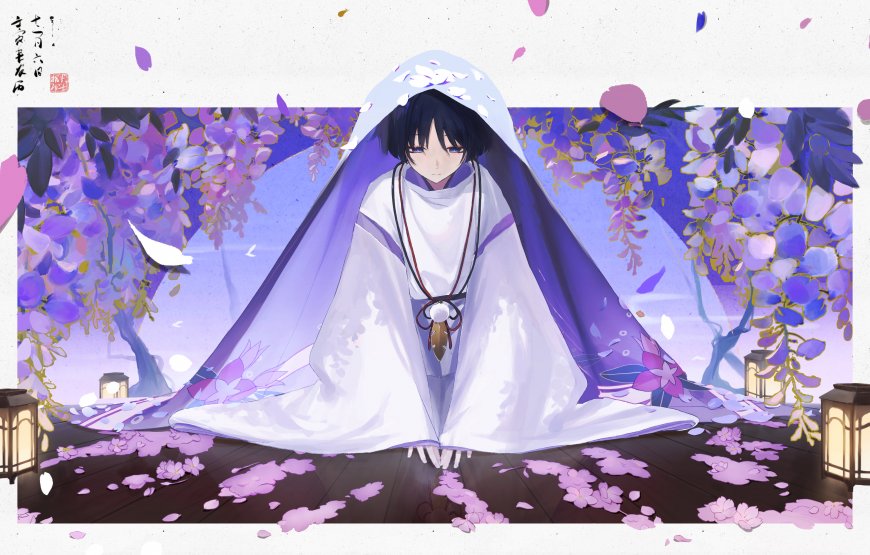 紫藤花下白衣少女静坐粉紫动漫电脑壁纸