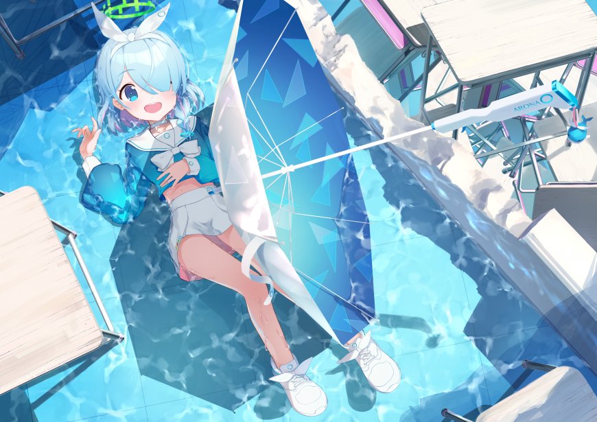 蓝发少女教室泳池场景蓝白动漫电脑壁纸