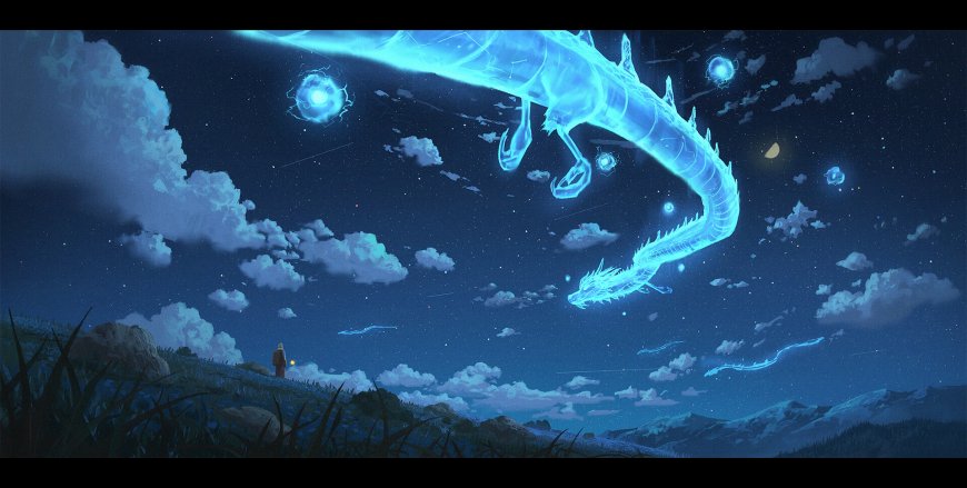 蓝光巨龙夜空翱翔星云环绕奇幻电脑壁纸